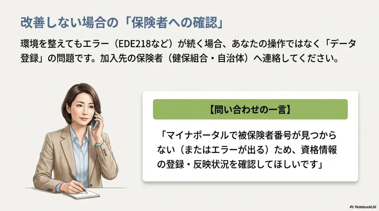 環境を整えても改善しない場合は保険者のデータ登録や反映状況を確認し、問い合わせの一言例で伝える内容を整理