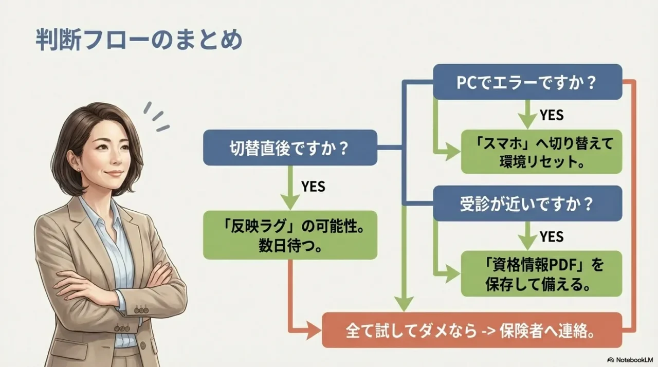切替直後か、PCでエラーか、受診が近いかで分岐し、スマホ切替や資格情報PDF保存、最後は保険者連絡に進む判断フロー