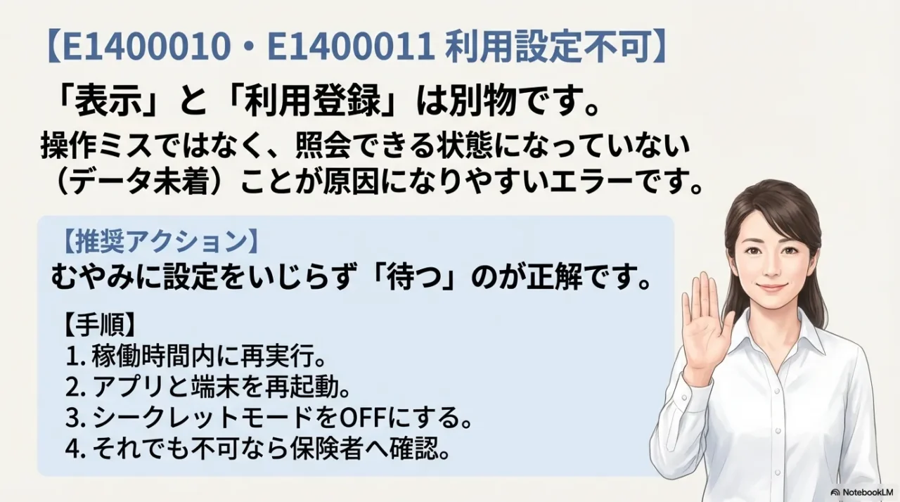 E1400010・E1400011利用設定不可は表示と利用登録が別で、稼働時間内再実行と再起動、シークレット解除、保険者確認が有効