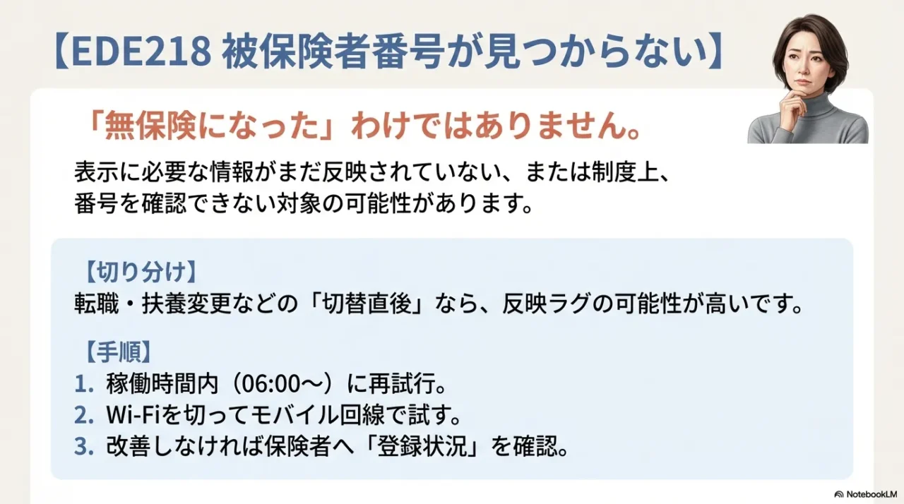 EDE218で被保険者番号が見つからないときの切り分けと稼働時間内再試行、回線変更、保険者確認の手順