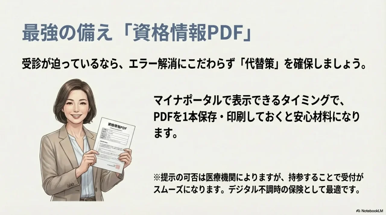 受診が迫っているときは資格情報PDFを1本保存し必要なら印刷して備えることで、デジタル不調時のバックアップになる