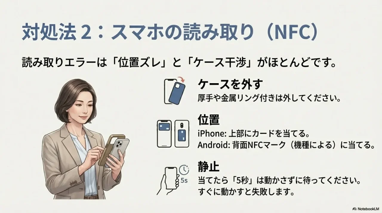スマホのNFC読み取りはケース干渉と位置ズレが原因になりやすく、ケースを外して位置を合わせ、当てて5秒静止する対処法