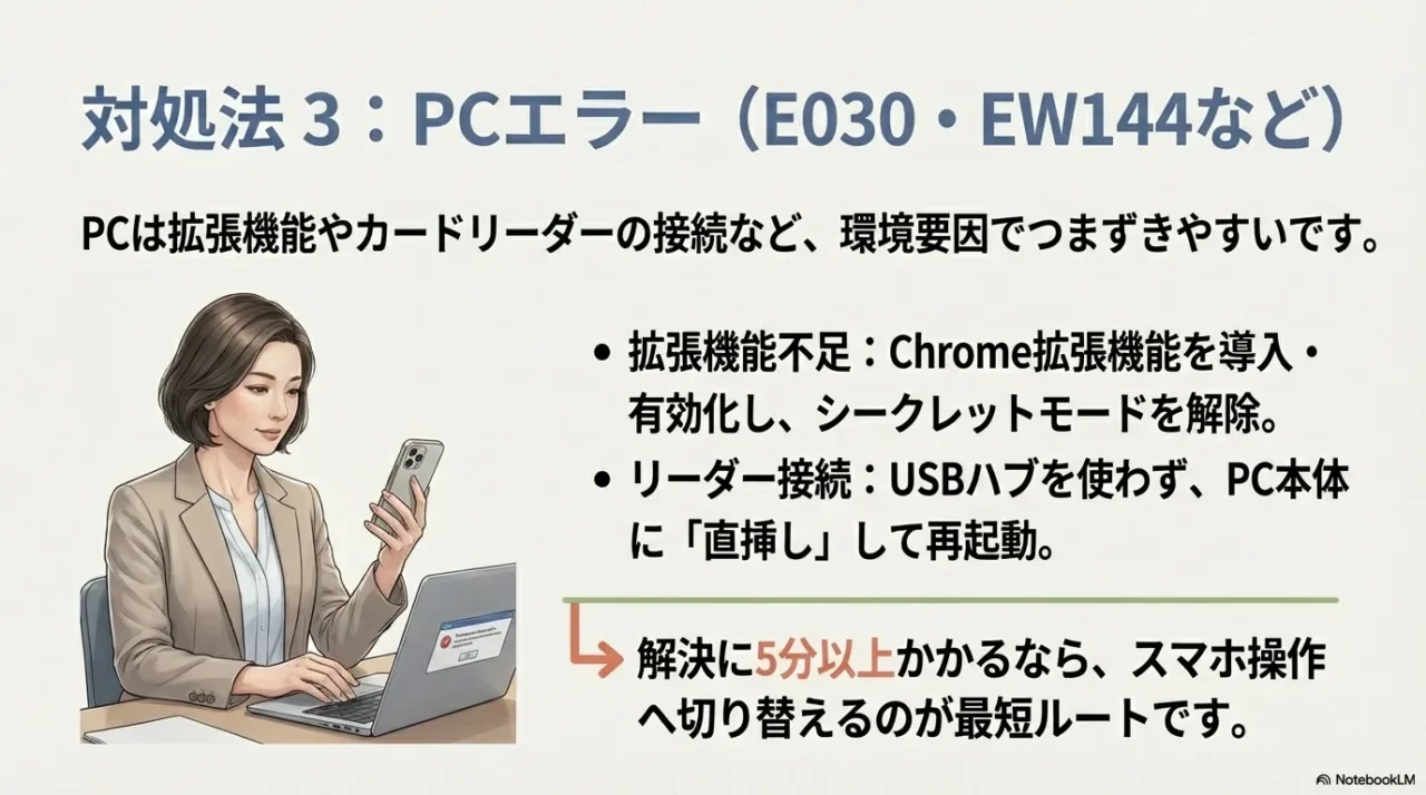 PCエラーは拡張機能不足やカードリーダ接続など環境要因が多く、直挿しや設定確認をして5分以上かかるならスマホへ切替える判断
