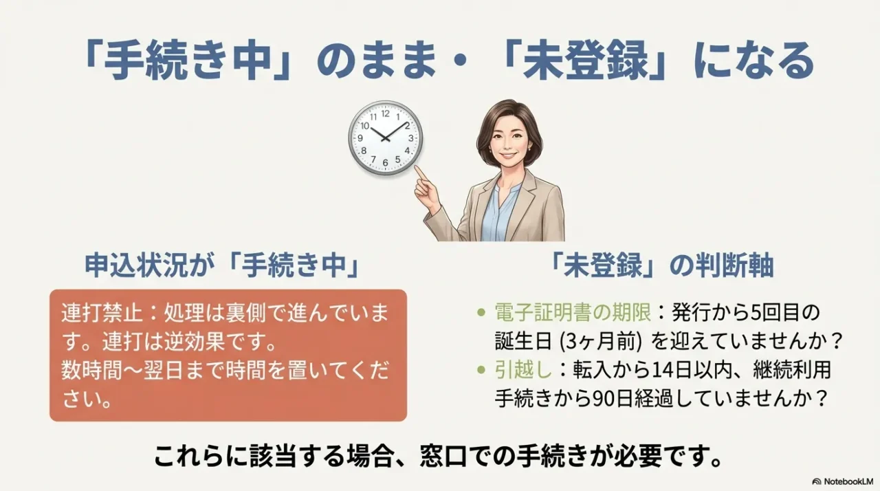 申込状況が手続き中のまま進まない場合や未登録になる場合の判断軸と連打禁止、期限や転入手続き確認をまとめたスライド
