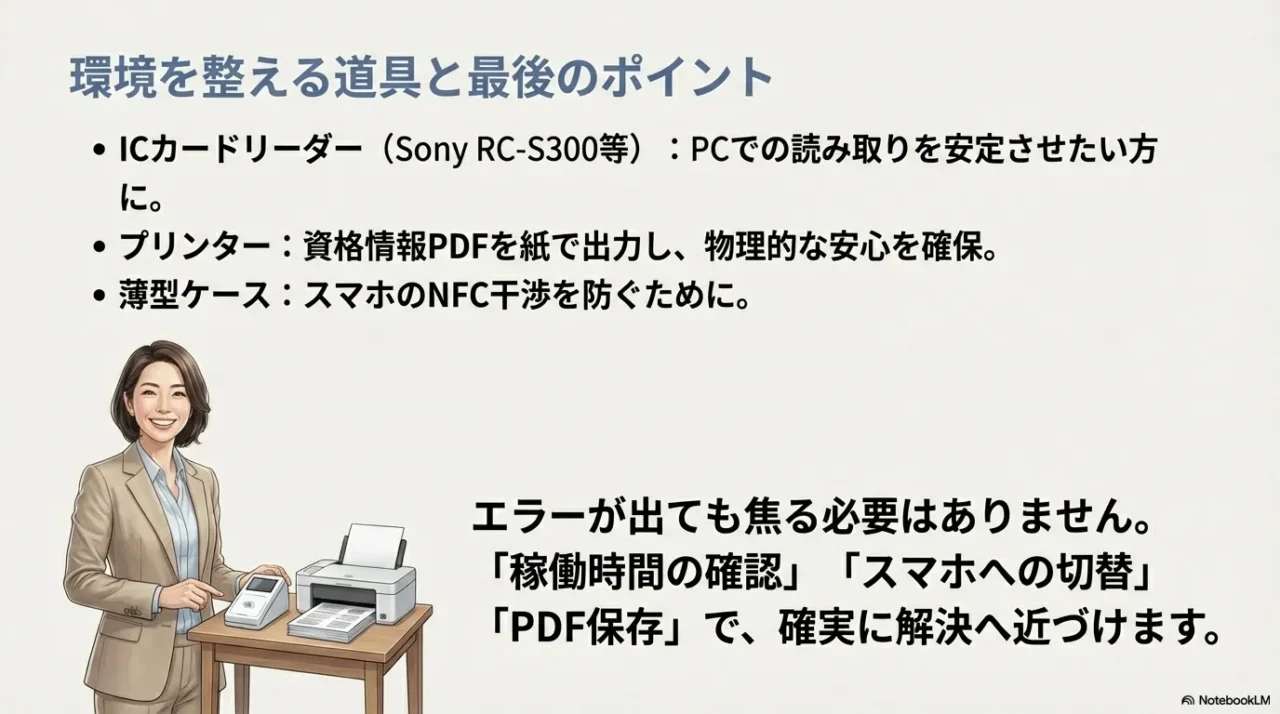 ICカードリーダー、プリンター、薄型ケースなど環境整備の道具と、稼働時間確認・スマホ切替・PDF保存の最終ポイント