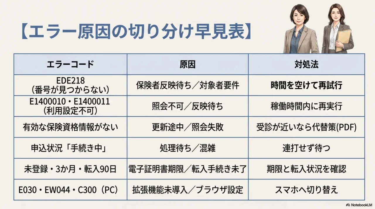 EDE218やE1400010などエラーコード別に原因と対処法を一覧で切り分ける早見表スライド