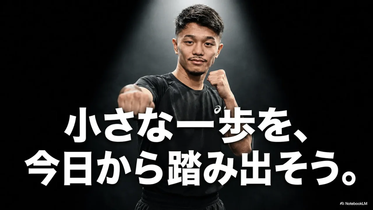 拳を前に出す中谷潤人と小さな一歩を今日から踏み出そうというメッセージ