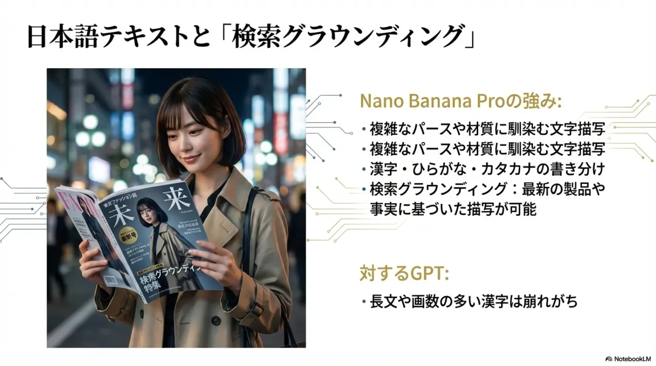 Nanoは複雑なパースや材質に馴染む文字、漢字ひらがなカタカナの書き分け、検索グラウンディングで事実に基づく描写に強いという要点