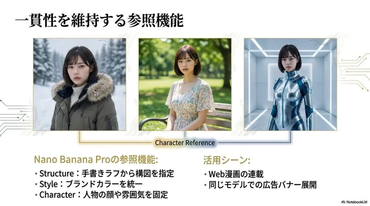 Nanoの参照機能として構造参照・スタイル参照・キャラクター参照を使い分け、連載や広告バナーなど一貫性が必要な場面で有効という説明