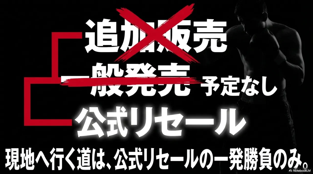 追加販売予定なし、一般販売予定なし、公式リセールのみが現地観戦の購入機会であることを強調した案内画像