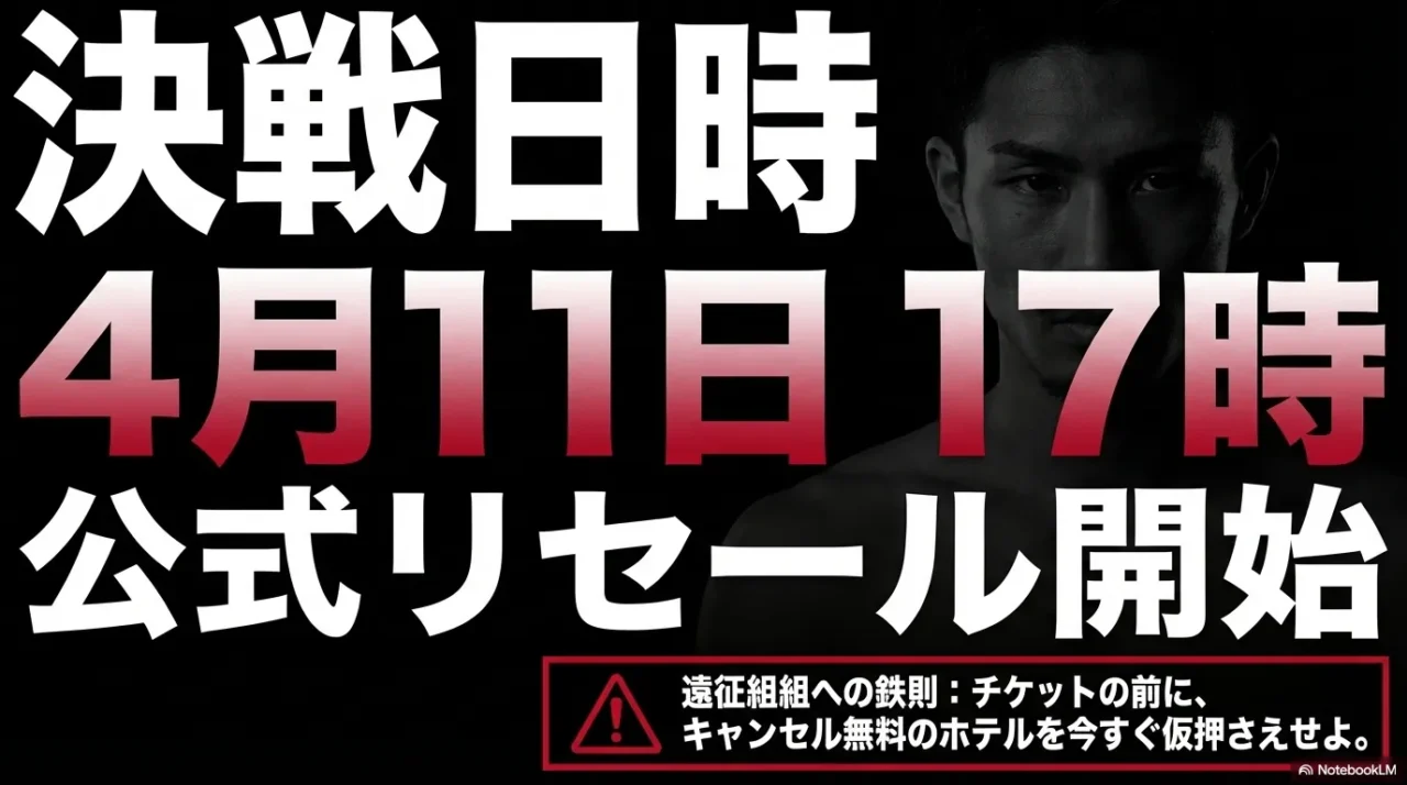 4月11日17時の公式リセール開始と、遠征組はキャンセル無料ホテルを先に確保すべきだと示した案内画像