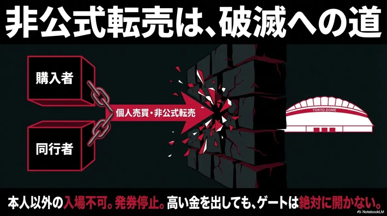 非公式転売は本人以外入場不可や発券停止につながる危険があることを示した警告画像