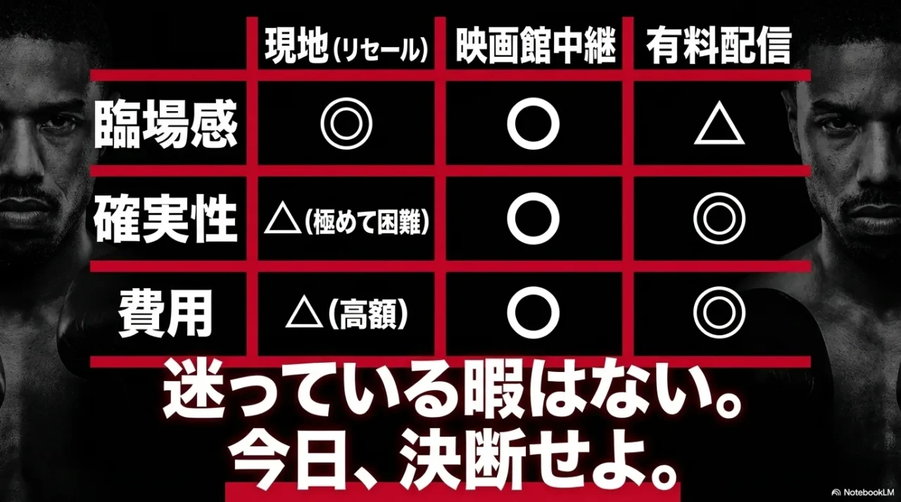 現地リセール、映画館中継、有料配信の臨場感、確実性、費用を比較し、早めの判断を促す比較画像