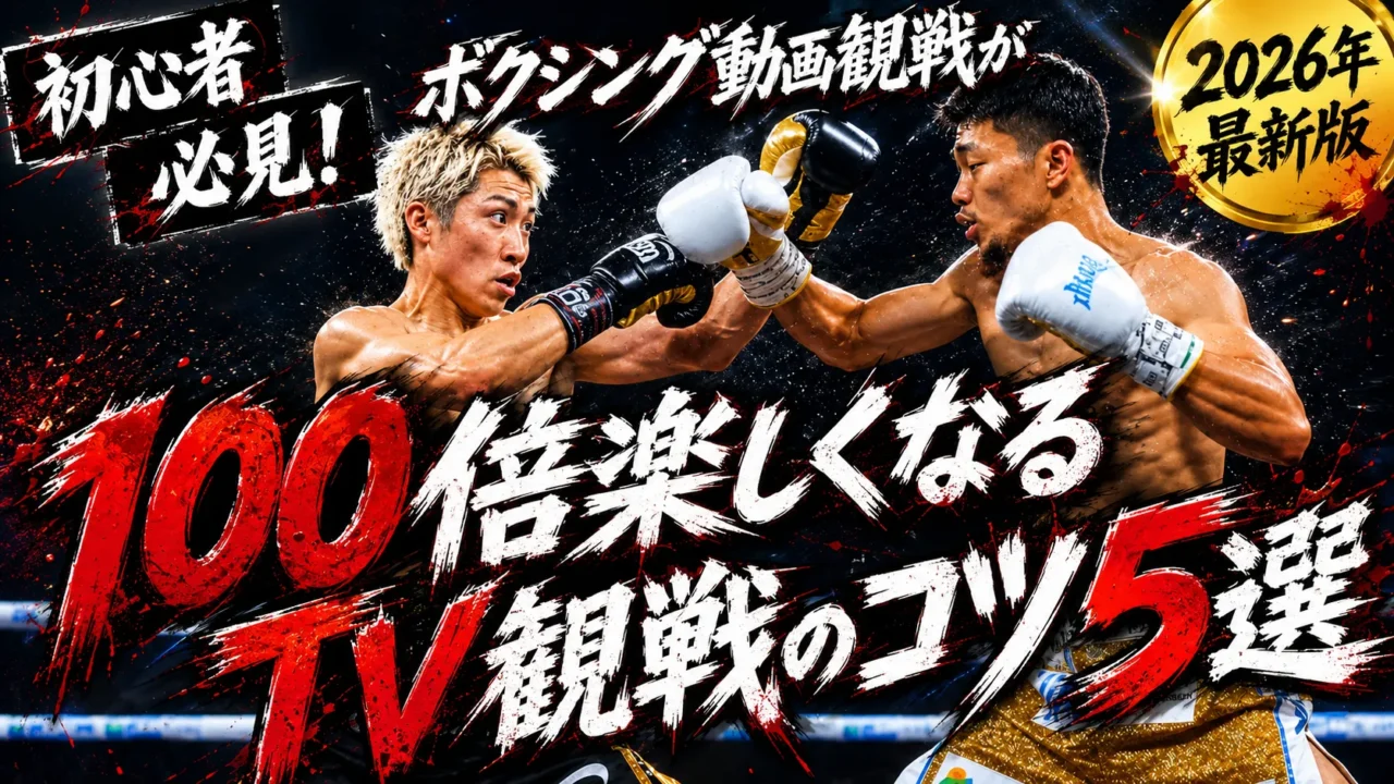 ボクシングの試合シーンに赤と白の荒々しい文字で「100倍楽しくなるTV観戦のコツ5選」