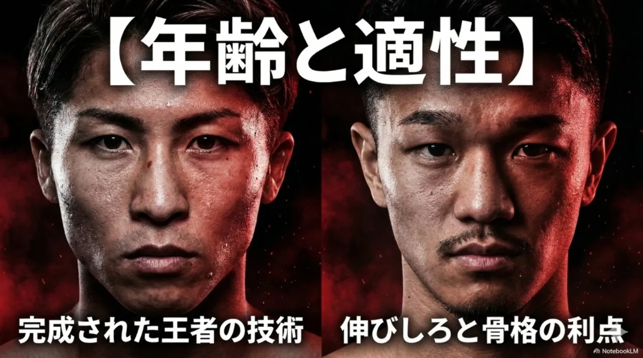 井上尚弥の完成度と中谷潤人の伸びしろを対比した比較画像。