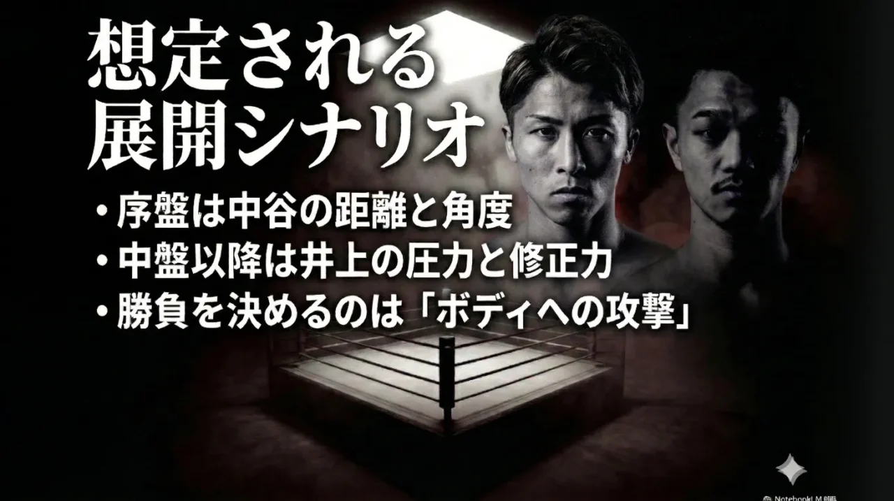 井上尚弥対中谷潤人の序盤・中盤・終盤の展開シナリオを示した画像。