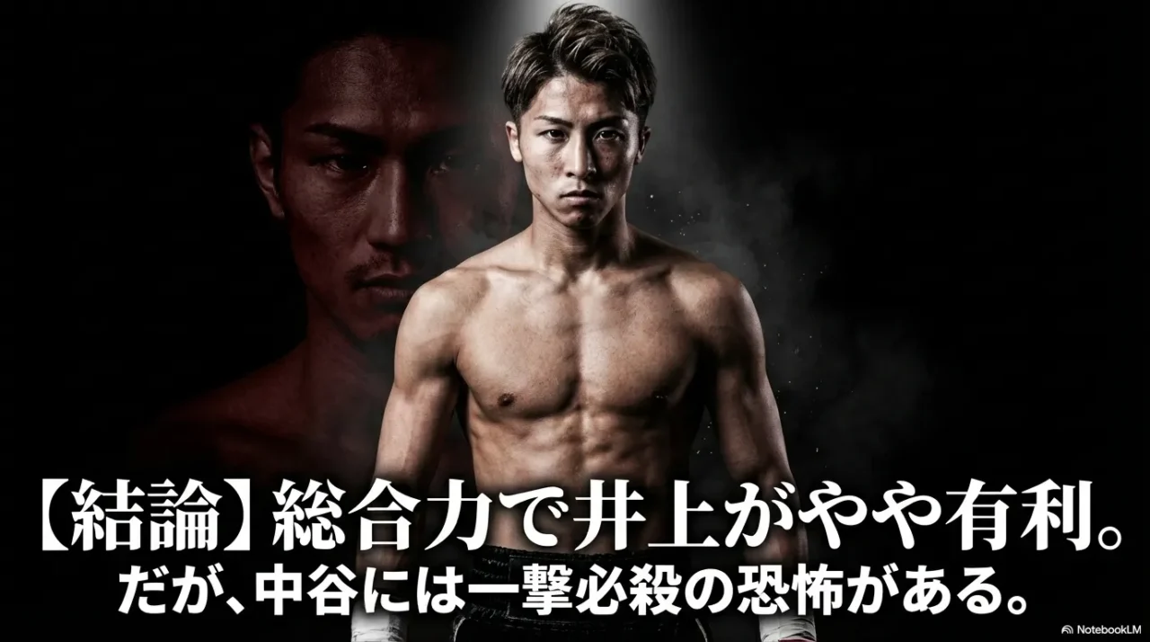 総合力では井上尚弥がやや有利だが、中谷潤人に一撃の怖さがあると示した結論画像。