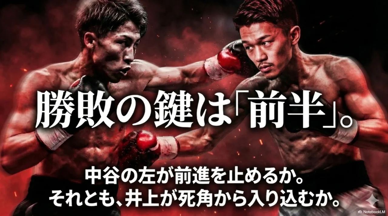 前半の攻防が勝敗を左右すると示した、井上尚弥と中谷潤人の対決画像。