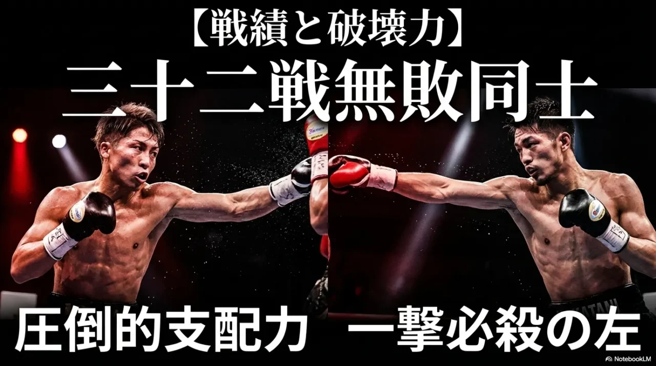 井上尚弥と中谷潤人の無敗戦績とKO力を対比した画像。
