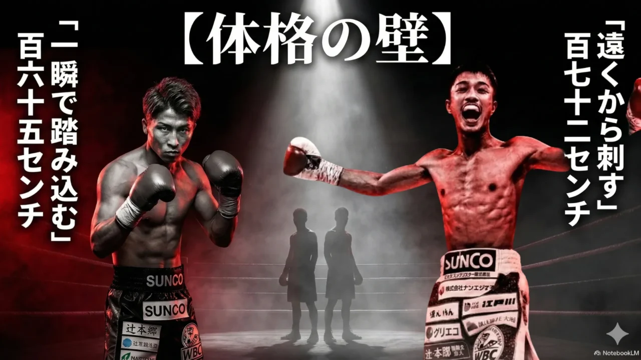 井上尚弥と中谷潤人の身長差や距離感の違いを強調した比較画像。