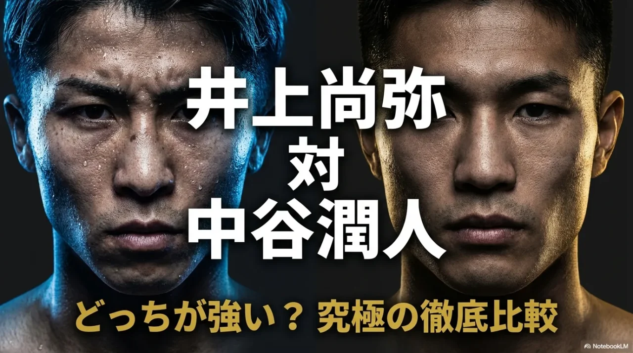 「井上尚弥 対 中谷潤人 どっちが強い？究極の徹底比較」と大きく書かれた表紙スライド