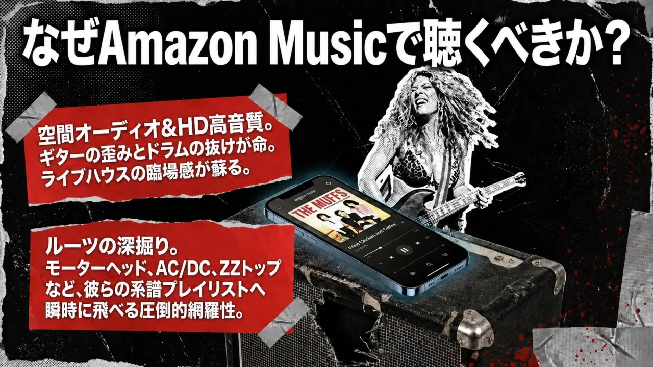 Amazon Music Unlimitedで代表曲を聴き、気に入ったらCD、レコード、古着へ広げる楽しみ方を説明する画像です。Amazon Music Unlimitedで代表曲を聴き、気に入ったらCD、レコード、古着へ広げる楽しみ方を説明する画像です。