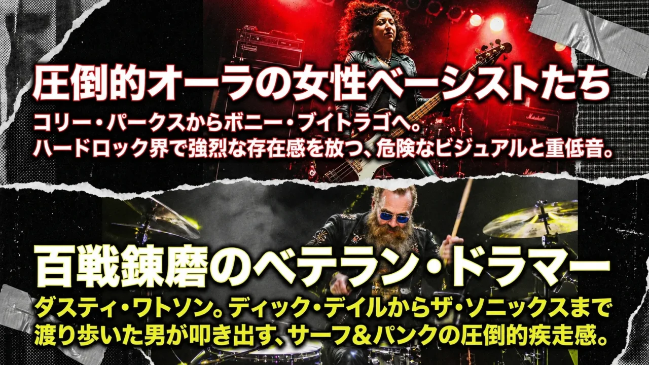 ナッシュビルプッシーの女性ベーシストとベテランドラマーを紹介する画像