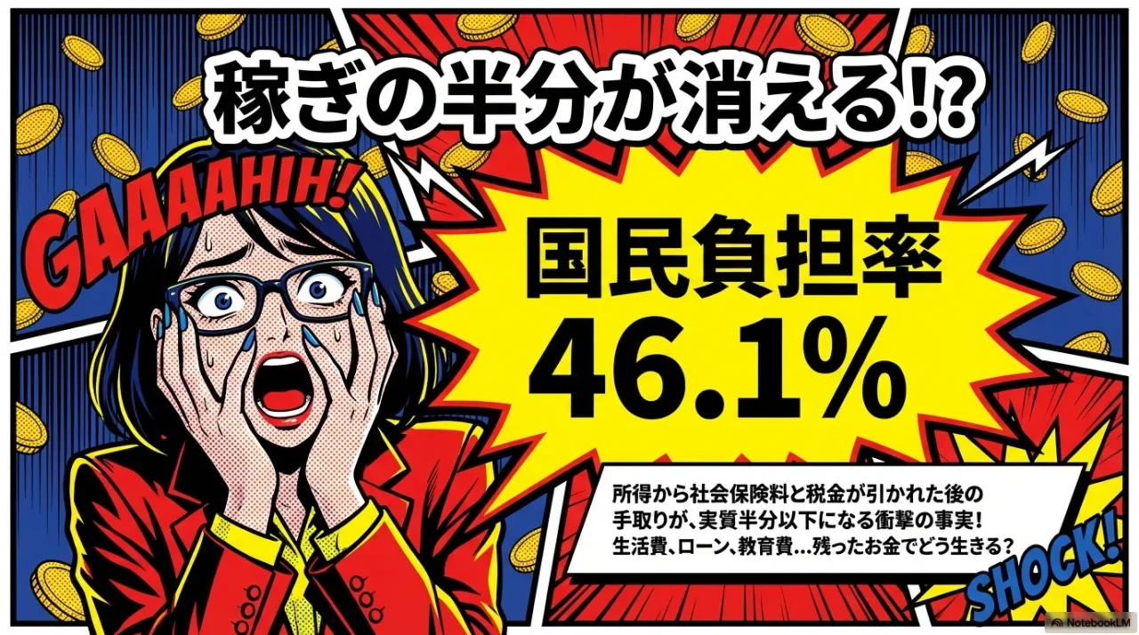 給料の半分が消える！？国民負担率46.1%という数字と、生活費やローンで残ったお金でどう生きるか悩む人のイラスト