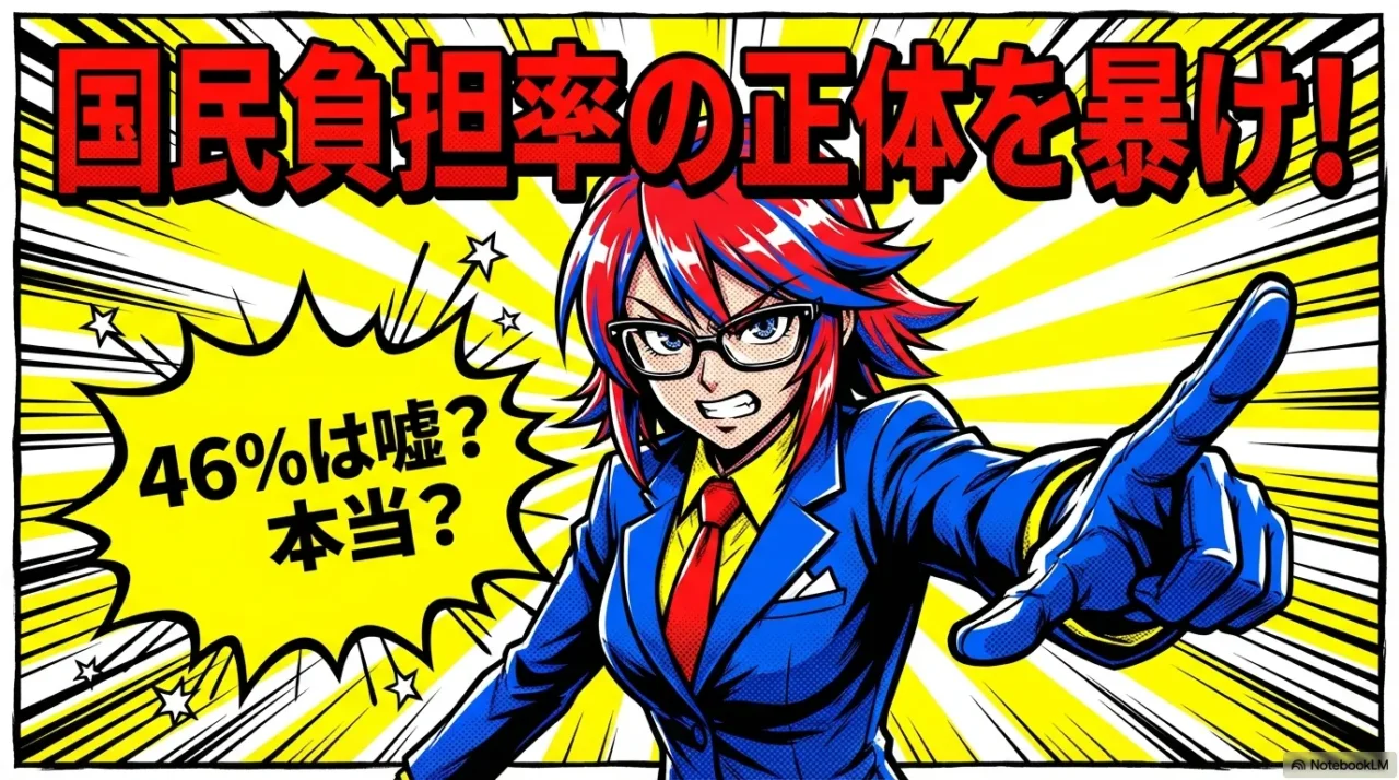 国民負担率の正体を暴けというタイトルと、46%は嘘か本当かを問うイラスト