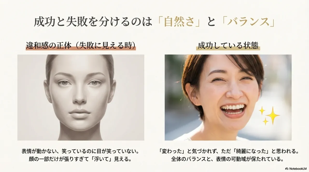 無表情で硬い印象の顔と自然な笑顔の対比で、違和感と成功状態の違いを説明するスライド