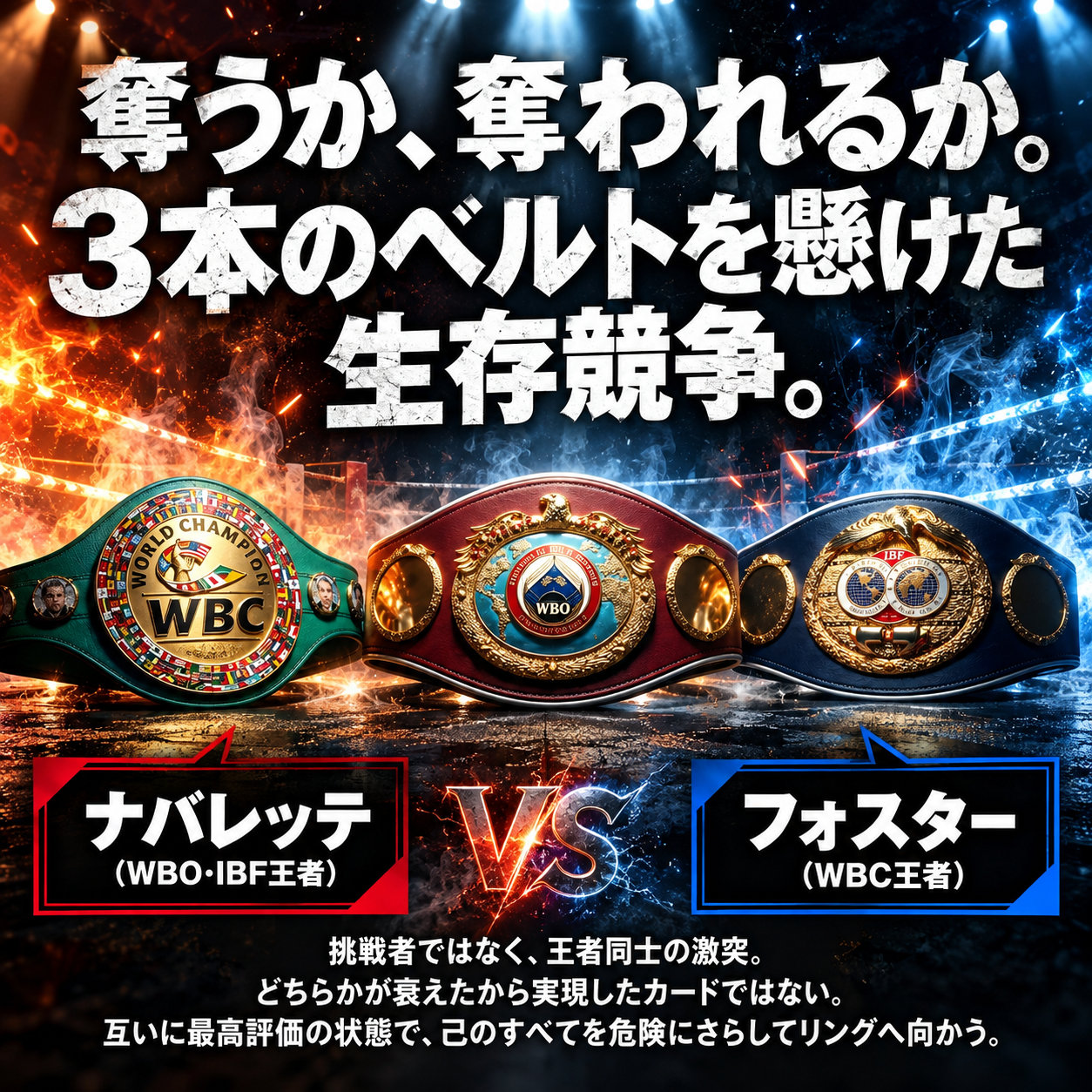 赤と青の照明が当たるボクシングリングの前に、WBC、WBO、IBFのチャンピオンベルトを3本並べた図。下部にはナバレッテとフォスターの保持王座を表示。