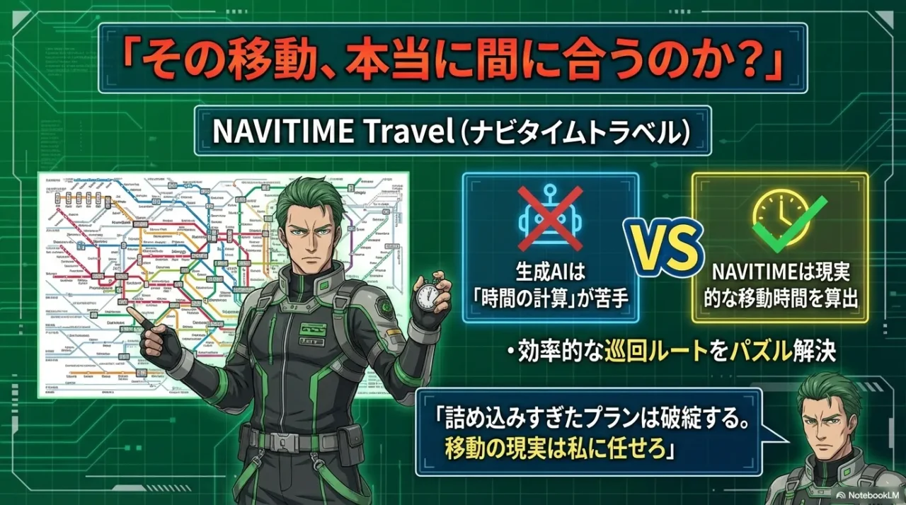 生成AIの時間計算が苦手な点と、NAVITIMEが現実的な移動時間を算出する対比画像