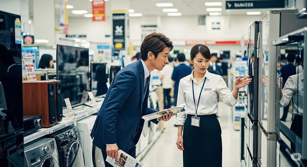 家電量販店で冷蔵庫の説明を受けるスーツ姿の男性と女性店員