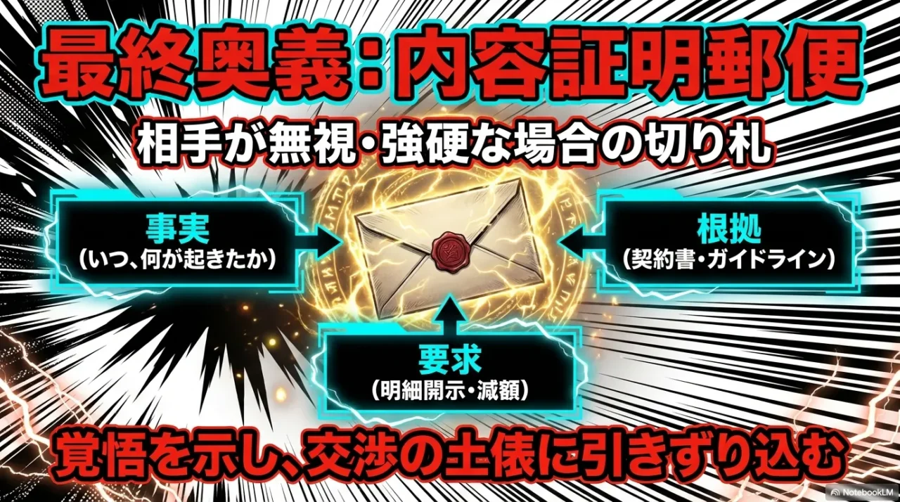 相手が無視する場合の切り札。事実、根拠、要求を整理して内容証明郵便を送る際のアウトライン