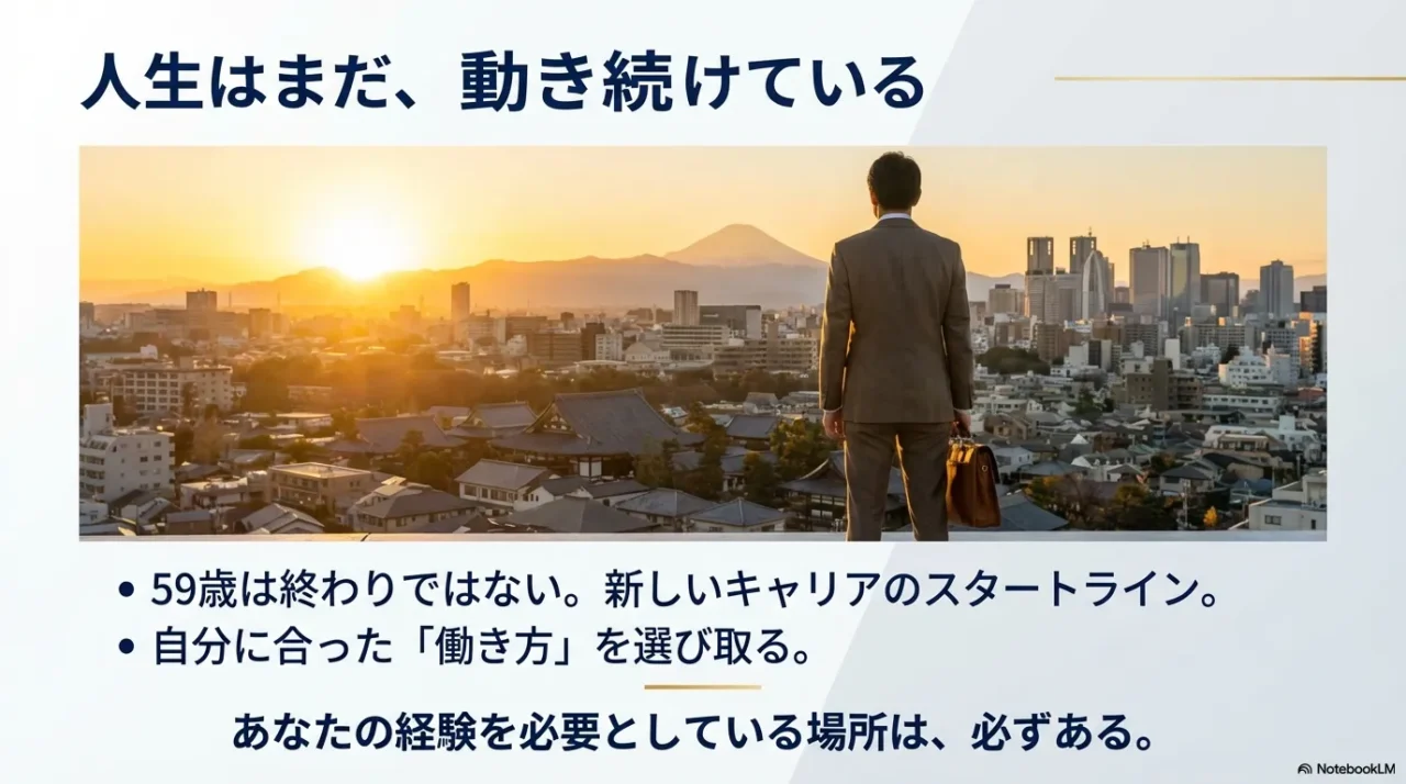 夕暮れ時の街並みと富士山をバックに、スーツ姿で鞄を持ち、屋上から景色を見渡す男性の背中。「人生はまだ、動き続けている」というメッセージが記されている。