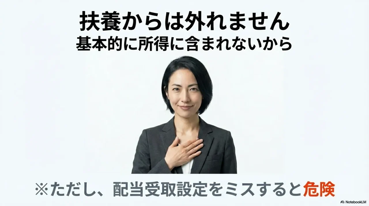 新NISAの利益は基本的に所得に含まれにくく扶養から外れにくいが配当設定ミスは注意と示す画像