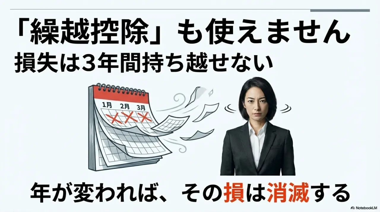 新NISAでは損失を3年間繰り越せず年が変わると消えることを示す画像
