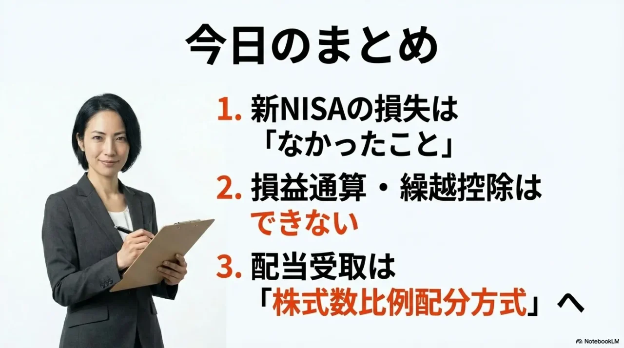 新NISAの損失はなかったこと、損益通算と繰越控除は不可、配当受取は株式数比例配分方式という3点をまとめた画像