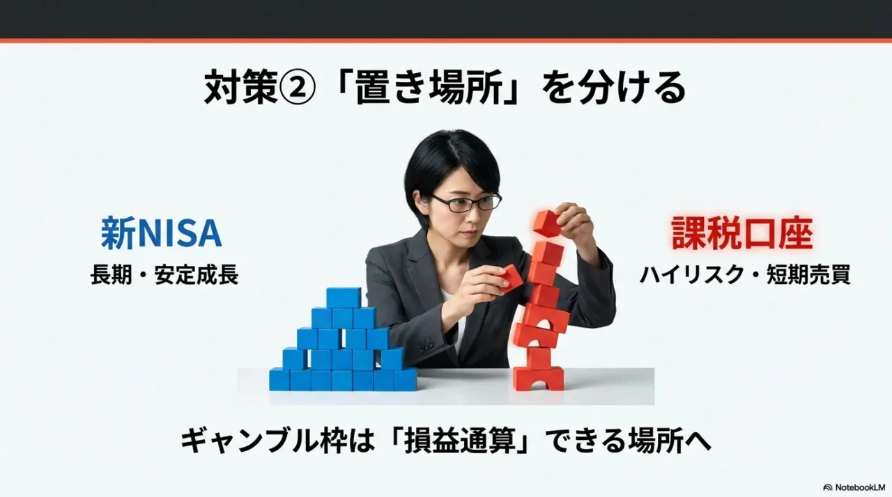 長期枠は新NISA、短期やハイリスクは課税口座に分ける考え方を示す画像