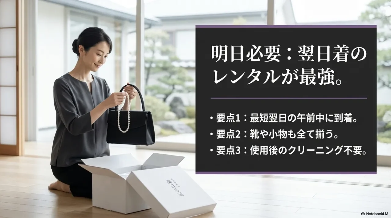 翌日着の喪服レンタルでバッグや小物までまとめて準備できることを示した女性の画像