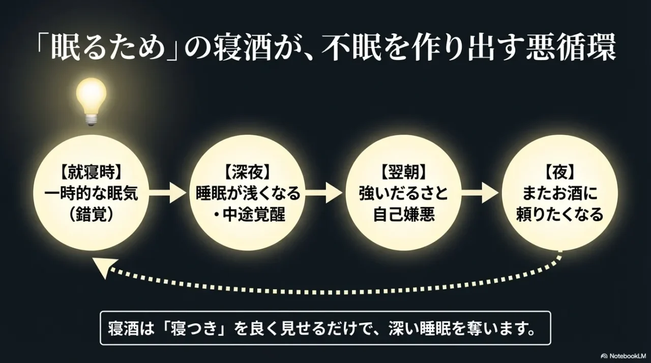 寝酒が一時的な眠気のあとに浅い睡眠や中途覚醒を招き、再び飲みたくなる悪循環を示す画像