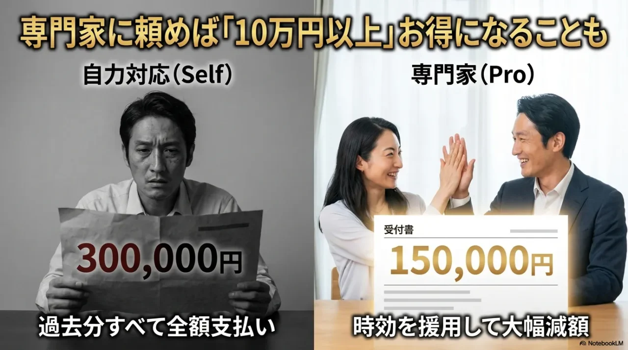 自力で支払う場合と専門家に依頼した場合の総負担額比較