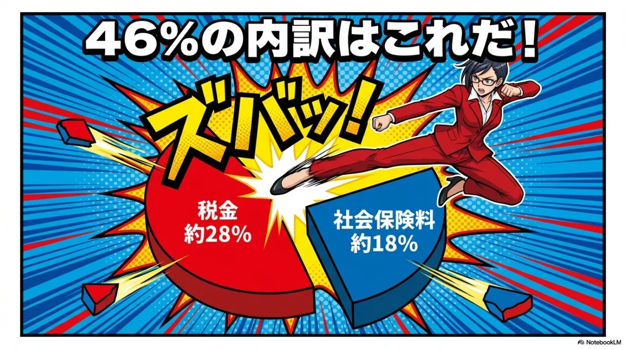 国民負担率46%の内訳を示す円グラフ。税金が約28%、社会保険料が約18%を占めている図解