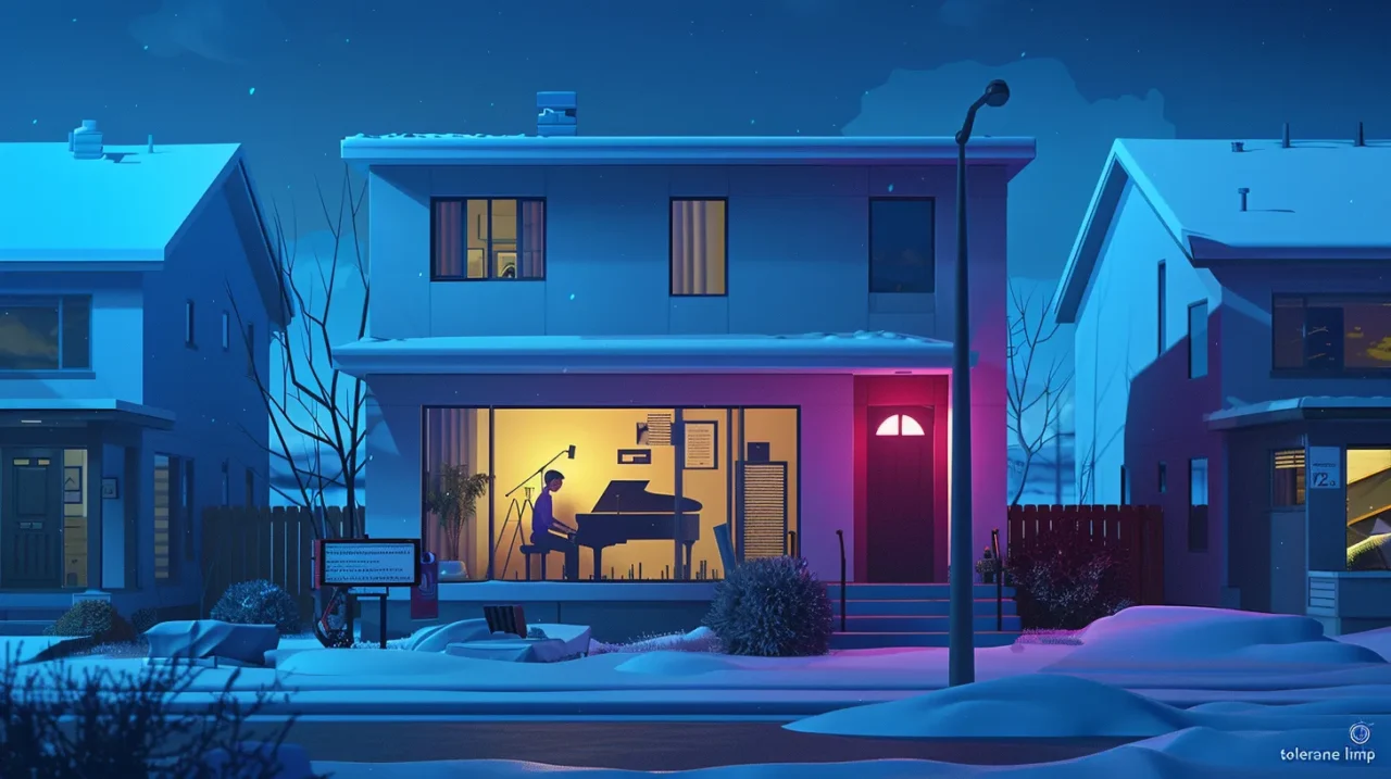 夜の住宅街で、窓からピアノを演奏する住人の姿が見える家を描いたイラスト。隣家は暗く、雪景色の静かな環境の中で演奏音が近隣に響いている状況を表現している。