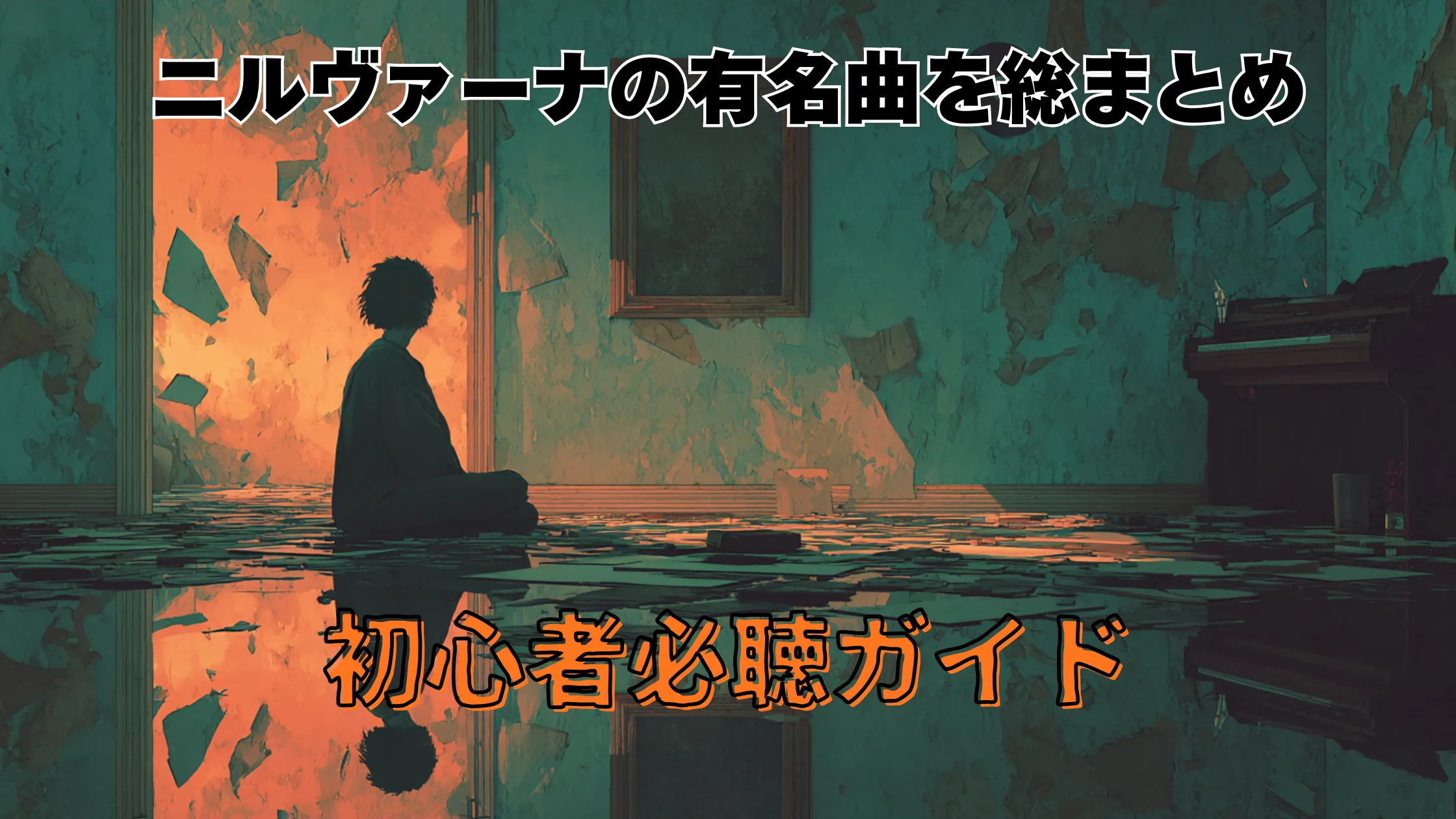 薄暗い荒廃した部屋で、床に水が張り、中央に座った人物が崩れ落ちる壁の光景を見つめているイラスト。上部に「ニルヴァーナの有名曲を総まとめ」、下部に「初心者必聴ガイド」という文字が入っている。