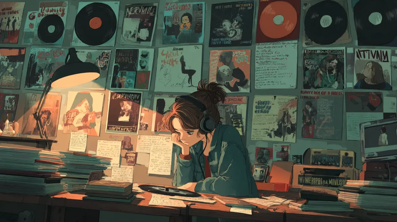部屋の壁一面にレコードやポスターが貼られ、机に積まれたメモやレコードを前にヘッドホンをつけた若い女性が音楽分析に集中している様子のイラスト。