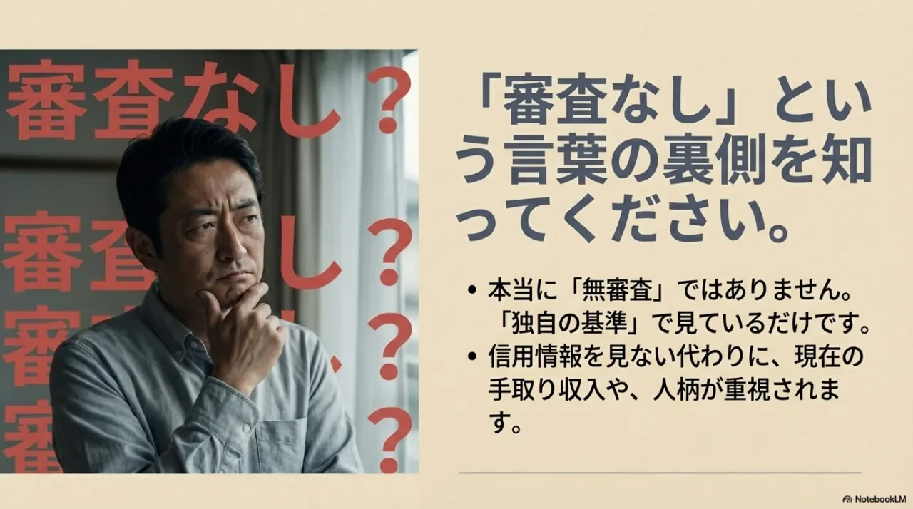 審査なし？という言葉の裏側。本当に無審査ではなく独自の基準で見ているだけです。現在の収入や人柄が重視されます。