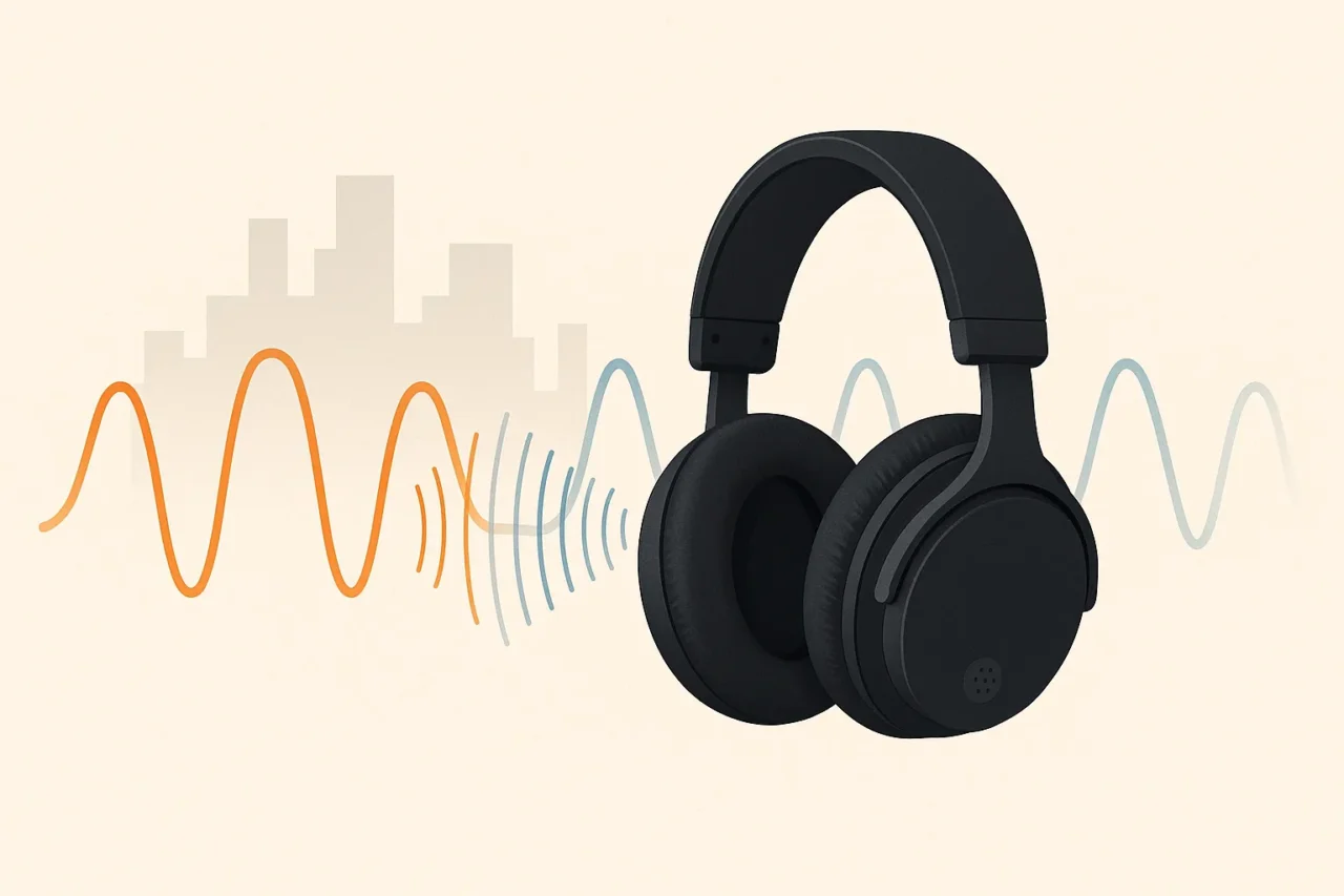 ノイズキャンセリングヘッドホンの仕組みを表すイラスト。街の騒音を示すオレンジ色の大きな音波がヘッドホンによって遮断され、静かな青い音波に変わっている様子。