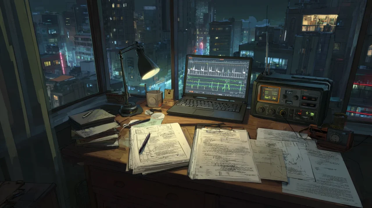 深夜の部屋で、騒音トラブルの証拠を記録するために騒音日記や書類を広げ、解析グラフを表示したノートパソコンと測定機器が置かれたデスクの様子。窓の外には夜の街並みが広がっている。