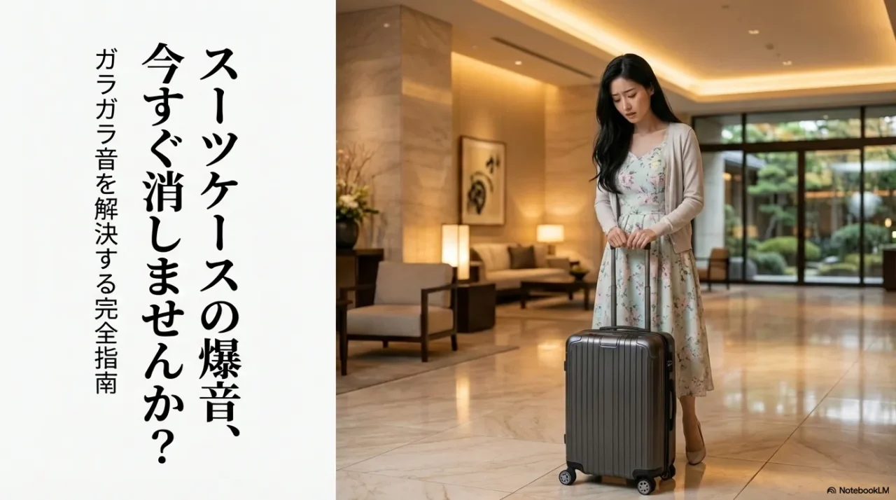 ホテルのロビーでスーツケースを前に困った表情を見せる女性。スーツケースの騒音に悩む導入を示す画像